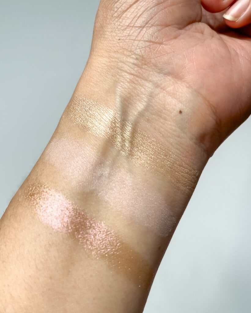 Chantecaille swatches: Top to bottom Gold illuminating powder, radiant glow powder, radiant gold eye shimmer