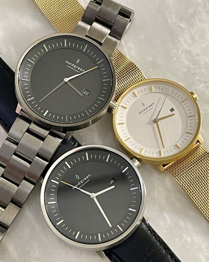 Nordgreen watches ;Philospher Watches: 40mm black & gunmetal dial with 3 link gunmetal strap, 36mm gold & white dial with gold mesh strap, 40mm black & silver dial with black leather strap