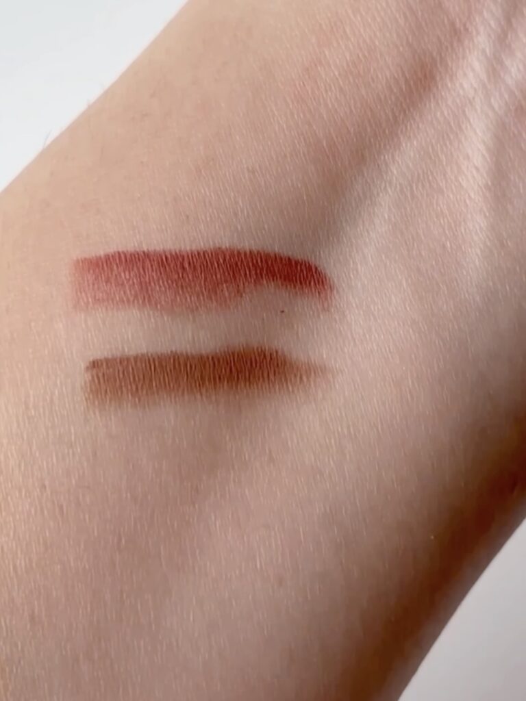 Iconic London Fuller Pout Sculpting Lip Liners swatches, Top: Sister sister, Bottom: Material girl